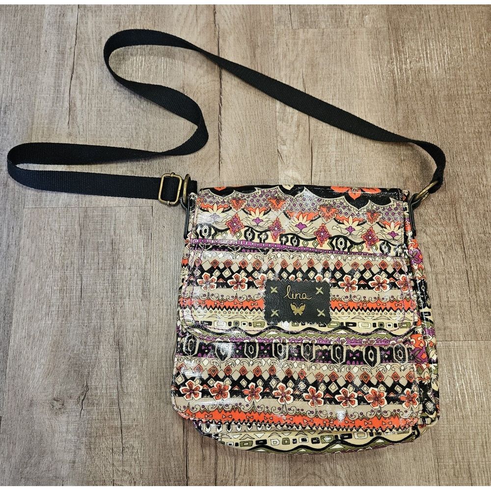 Lina Womens Crossbody Bag Purse Red Purple Green Flower Pattern